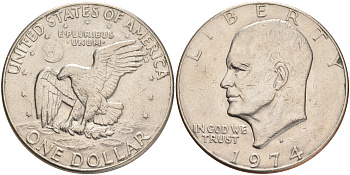 США 1 доллар 1974 D, Президент Эйзенхауэр, лунный орел KM 203 медь плакированная медно-никелем 4558-114