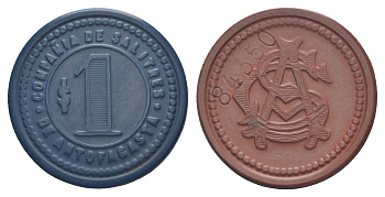 Чили, Антофагаста (Antofagasta) шахтерский жетон с Селитряного рудника для покупки в местных магазинах, номиналом в 1 песо около 1904 диаметр 35 мм, вес 3,82 гр Espinosa 22.8 эбонит (синий) 1094-11-32