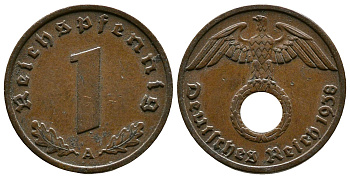 Германия 1 рейхспфенниг 1938 A KM 89, J. 361 бронза    220-318