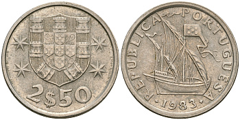 Португалия 2,5 эскудо 1983 парусник KM 590 медно-никель 08-1321