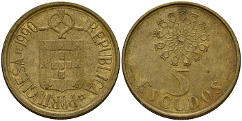 Португалия 5 эскудо 1990 KM 632 никель латунь 4156-613