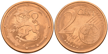 Финляндия 2 евроцента 1999  KM 99 сталь плакированная медью  UNC  4160-343