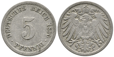 ГЕРМАНИЯ 5 ПФЕННИГОВ 1890 D KM 11, J. 12 медно-никель 39-636