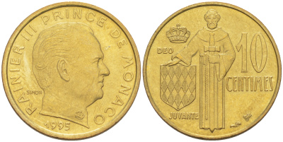 Монако 10 сантимов 1995 Ренье III (1949-2005) KM 142 алюминиевая бронза UNC 188-1054