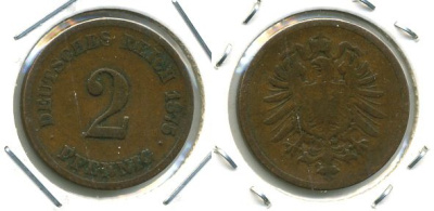ГЕРМАНИЯ 2 ПФЕННИГА 1875 G, СТАРОГЕРБОВКА KM 2, J.2 медь 701-423