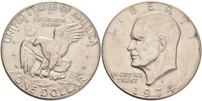 США 1 доллар 1974 D, Президент Эйзенхауэр, лунный орел KM 203 медь плакированная медно-никелем 4558-114