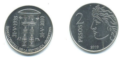 Аргентина 2 песо 2010 75 лет Центральному Банку KM 162 медно-никель UNC 36-112