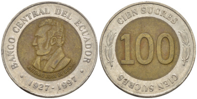 ЭКВАДОР 100 СУКРЕ 1997 АНТОНИО ХОСЕ де СУКРЕ, 70 ЛЕТ ЦЕНТРАЛЬНОМУ БАНКУ KM 101 биметалл 66-927