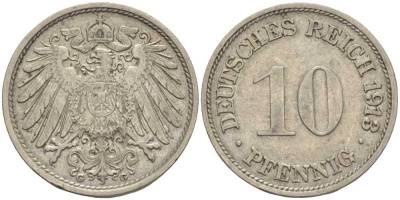 ГЕРМАНИЯ 10 ПФЕННИГОВ 1913 G KM 12, J. 13 медно-никель 33-646