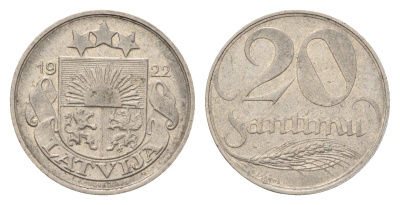 Латвия 20 сантимов 1922 год-тип KM 5 никель 4684-152