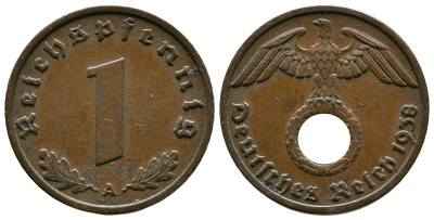 Германия 1 рейхспфенниг 1938 A KM 89, J. 361 бронза    220-318