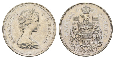 Канада 50 центов 1981 Елизавета II (1952-2022), герб KM 75 никель UNC 4631-1015