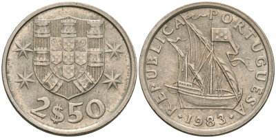 Португалия 2,5 эскудо 1983 парусник KM 590 медно-никель 08-1321