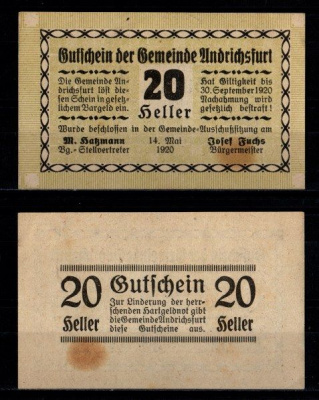 Австрия, Андрихсфурт 20 геллеров 1920 Jaksc/Pick JPR0041-20 бумага aUNC 2193-5-4-1