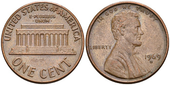 США 1 цент 1969 D, Линкольн KM 201 медь цинк 4115-848