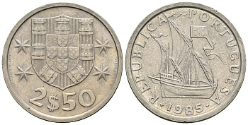 Португалия 2,5 эскудо 1985 парусник KM 590 медно-никель 4147-651