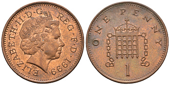 Великобритания 1 пенни 1999 Елизавета II (1952-2022) KM 986, Spink 4710 (B5) сталь плакированная медью 4609-543