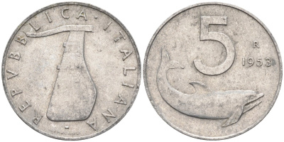 Италия 5 лир 1953 R, дельфин, плуг KM 92 алюминий 188-1163