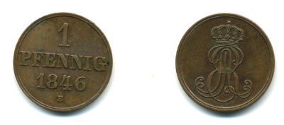 Ганновер 1 пфенниг 1846 B, Эрнст Август (1837-1851) KM 201.1, AKS 129, J. 74 медь 35-829