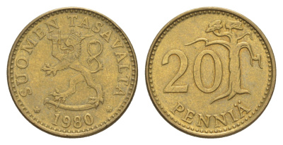 Финляндия 20 пенни 1980 KM 47 алюминиевая бронза 4648-426