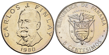 Панама 5 сентесимо 1980 Карлос Хуан Финлей KM 35.1 медь плакированная медно-никелем  UNC  M17-03