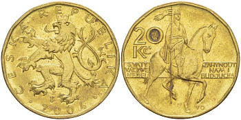Чехия 20 крон 2004 чешский лев, герцог Вацлав на коне KM 5 сталь плакированная латунью 217-1032