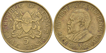 Кения 5 центов 1971 Джомо Кениата KM 10 никель латунь 4126-951