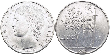 ИТАЛИЯ 100 ЛИР 1967 R, АФИНА KM 96.1 нержавеющая сталь 109-1143