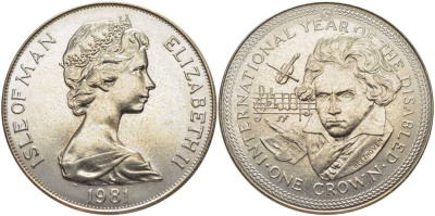 Остров Мэн 1 крона 1981 Международный год инвалидов, Бетховен КМ 78 медно-никель UNC 107-612