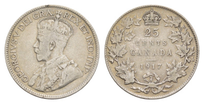 Канада 25 центов 1917 Георг V (1910-1936) KM 24 серебро 1518-1613