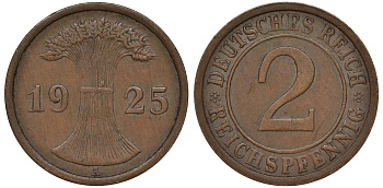 Германия 2 рейхспфеннига 1925 A KM 38, J.314, Weege 4 бронза 4164-443
