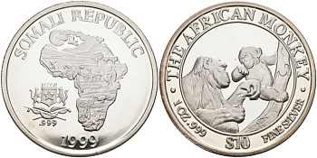 Сомали 10 долларов 1999 африканские обезьяны KM 290 серебро PROOF 11-326-41