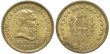 Уругвай 10 песо 1965 KM 48 алюминиевая бронза 4572-616