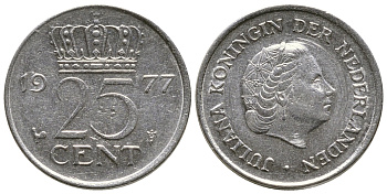 Нидерланды 25 центов 1977 Юлиана (1948-1980) KM 183 никель 4383-1118