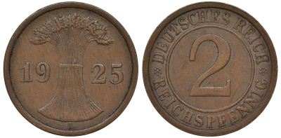 Германия 2 рейхспфеннига 1925 A KM 38, J.314, Weege 4 бронза 4164-443