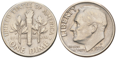 США 10 ЦЕНТОВ = 1 ДАЙМ 1970 D, РУЗВЕЛЬТ KM 195a медь плакированная медно-никелем 188-418