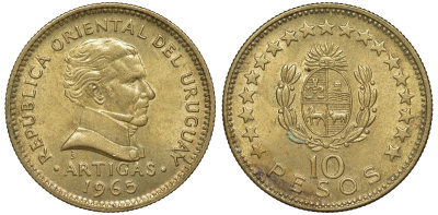 Уругвай 10 песо 1965 KM 48 алюминиевая бронза 4572-616