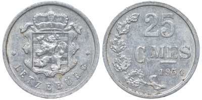 Люксембург 25 сантимов 1954 KM 45a.1 алюминий 4528-535