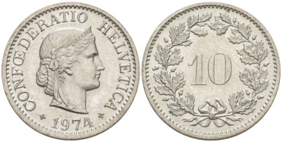 Швейцария 10 раппенов 1974 KM 27 медно-никель 55-454