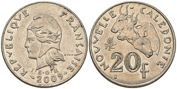 Французская Новая Каледония 20 франков 2009 три быка, (IEOM) KM 12a, Schoen 14a медно-никель 4131-1145