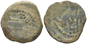 Римская Империя, Провинция Иудея прута 29 год император Тиберий, прокуратор Понтий Пилат, греческая легенда 'ТИБЕРИЯ КЕСАРЯ', культовый ковш (simpulum) / греческая легенда 'царицы Юлии', три хлебных колоса, Иерусалим RPC 4967 медь 1073-21-51