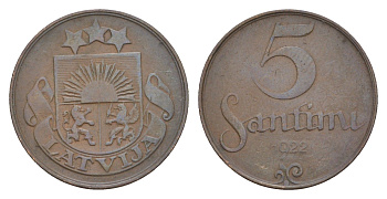 Латвия 5 сантимов 1922 KM 3 бронза 4658-1167