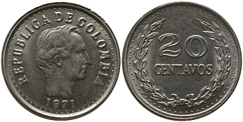 Колумбия 20 сентаво 1971 KM 246 сталь плакированная никелем 4529-632