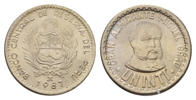 Перу 1 инти 1987 LIMA, Мигель Грау KM 296 медно-никель UNC 3334-637