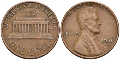 США 1 цент 1961 D, Авраам Линкольн KM 201 медь цинк 4115-826
