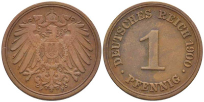 ГЕРМАНИЯ 1 ПФЕННИГ 1900 F KM 10, J. 10, Weege 2 медь 211-245