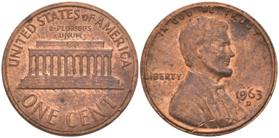 США 1 ЦЕНТ 1963 D, ЛИНКОЛЬН KM 201 медь цинк 187-1147
