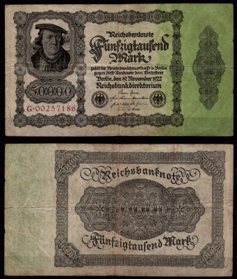 Германия 50000 марок 1922 Бюргермейстер (мэр) Браувайлер (автор: Б. Брюйн) Pick 79 бумага 7547-21-1-1