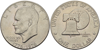 США 1 доллар 1976 200 лет независимости, Президент Эйзенхауэр, колокол, тип 1 KM 206 медь плакированная медно-никелем 118-713