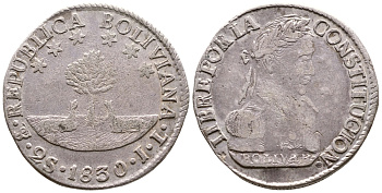 Боливия 2 соля 1830 JL KM 95a серебро 00-00
